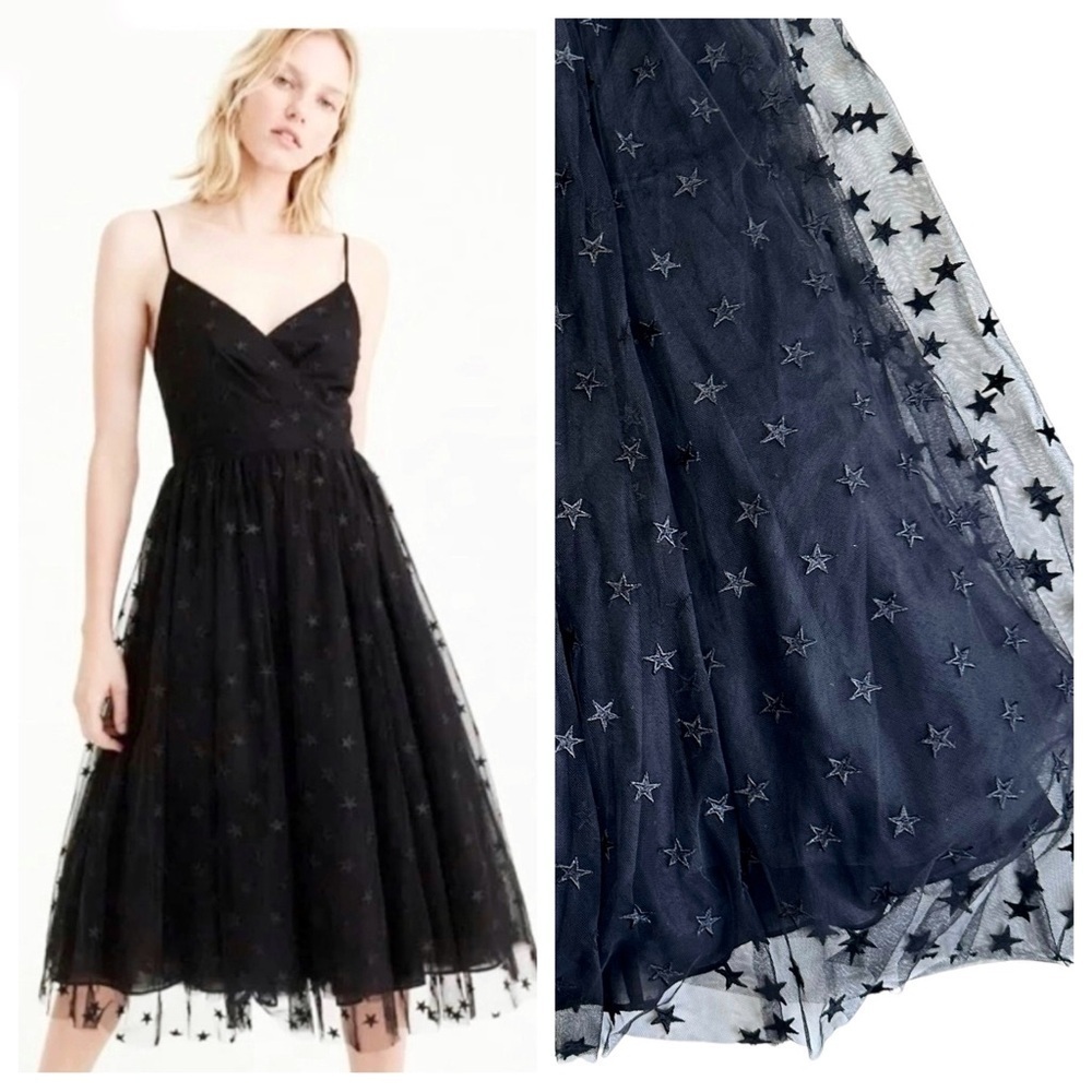 J. Crew Black Star-Embroidered Tulle Midi Dress